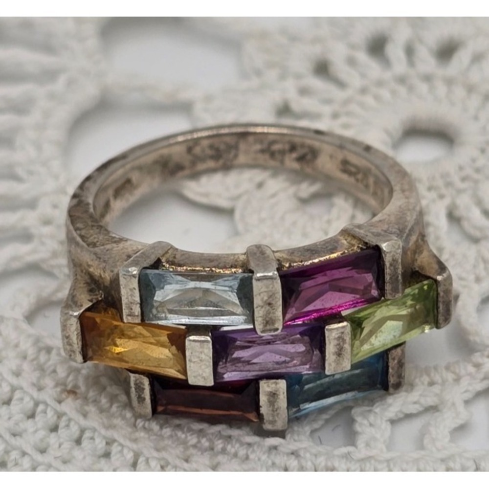 Michelle Albala Ring Modernist Sterling Silver Multi Gemstone Baguette Size 6
